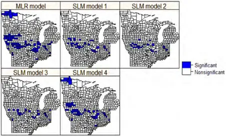Figure 4: Spatial clusters of residuals of the MLR and SLM models at the signiﬁcant level of alpha = 0.05
