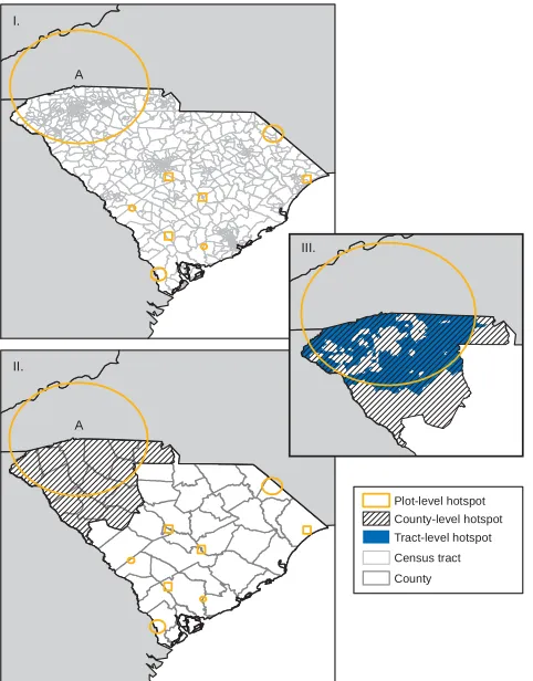 Figure 4: Hotspots of standing dead trees in South Car-olina based on plot data aggregated to census tract usingactual geographic coordinates and fuzzed/swapped geo-graphic coordinates