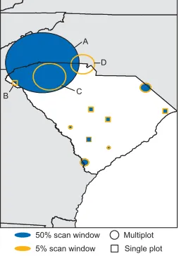 Table 5: Descriptive statistics for selected hotspots of standing dead trees in South Carolina based on a maximumscanning window size of 50% of the population at risk (hotspot A) and 5% of the population at risk (hotspots B, C,and D)
