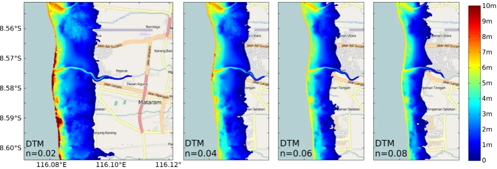 Fig. 17.Fig. 17. Flowdepth in the model study for Mataram/Lombok (back-with constant Manning valueground © OpenStreetMap contributors) based on Intermap DSMwith constant Manning value Flowdepth in the model study for Mataram/Lombok (back-ground © OpenStree