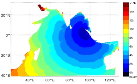 Fig. 2. Arrival time with a threshold of 2 cm for a minor tsunamiscenario, Mw = 8.0. In the regions marked in black, the ﬁxedthreshold is never reached, at some, it is reached by the second orthird wave crest.