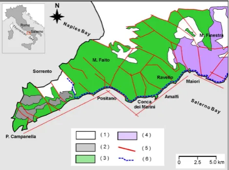 Figure 1. Geological map of the study area. 1) Alluvial, colluvial and pyroclastic deposits; 2) Fig