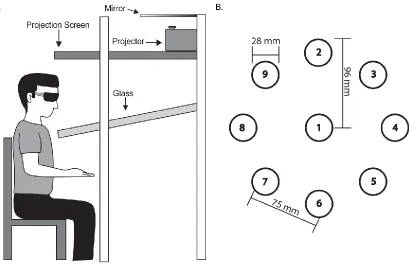 Figure 4.1 Sequential target task (STT) setup. A. Side view of a participant sitting at the virtual display