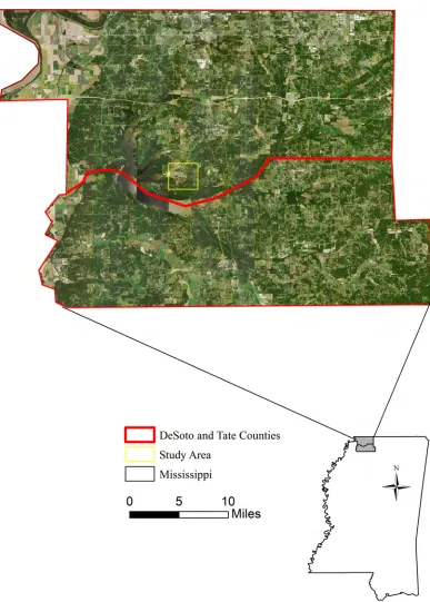 Figure 1: Map of study area near Arkabutla Lake in DeSoto County, MS.