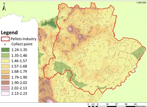 Figure 6: Geographical data of Ratio (A-B-A: 2 Beeline)for the Nordeste Transmontano region in relation to astarting point corresponding to a wood pellets plant.