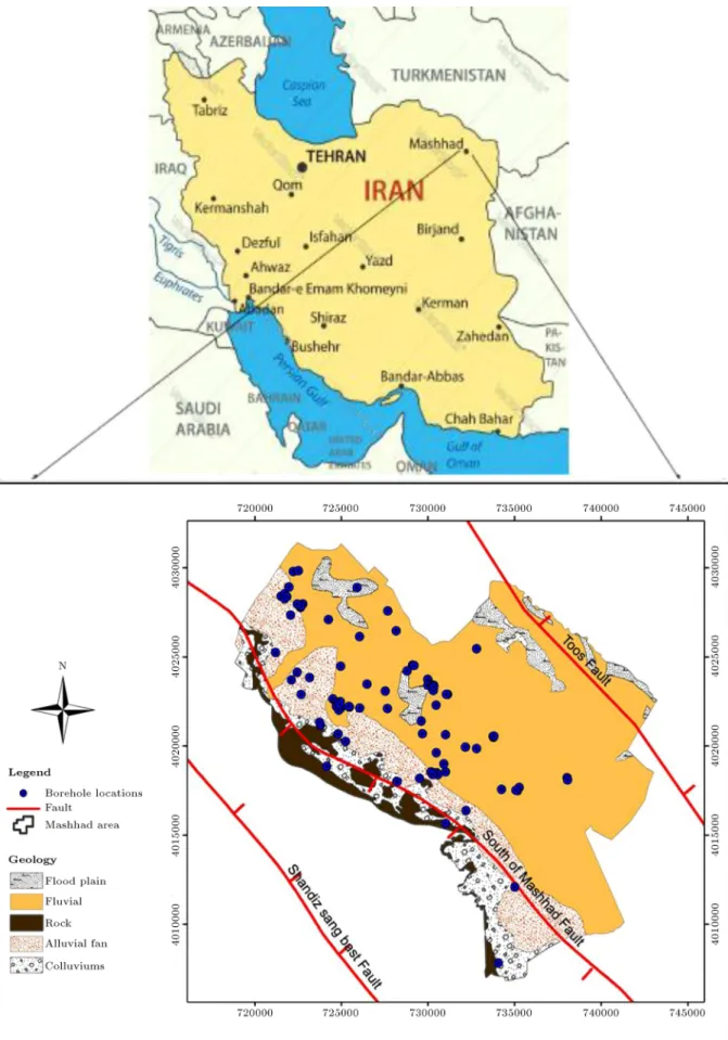 Figure 1. Geological map of study area with location of boreholes and faults.