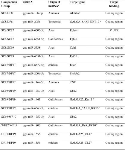 Table 3.1. Differentially expressed miRNAs and their differentially expressed target mRNA genes with the top minimum free energy value which are also classified as feather-related genes by Lowe et al