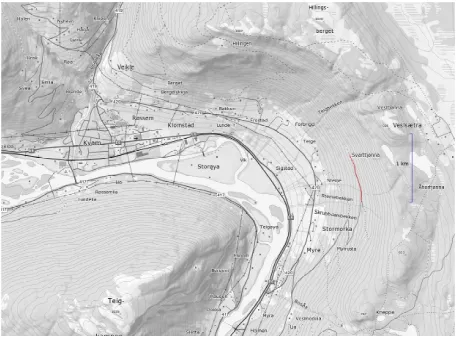 Figure 4: A map of the area where the forest road islocated (red curve).