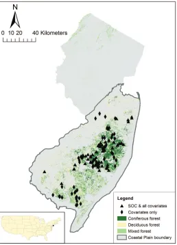Figure 1: Distribution of sampling locations and primary forest cover types across the study region in New Jersey,USA.