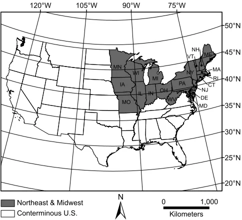 Figure 1: Map showing the location of states across theNortheast and Midwest, USA, an area corresponding tothe USDA Forest Service’s Eastern Region