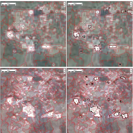 Figure 7: Training of the auto segmentation on imagesfrom April 11 (top) and 12 (bottom) with the predeﬁned(left) and trained (right) estimates.