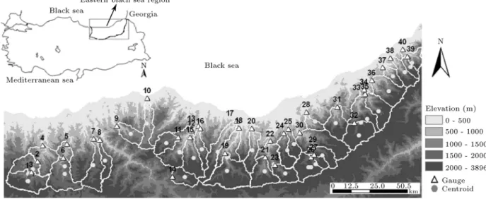 Figure 1. Study area and ow gauges with basin boundaries.