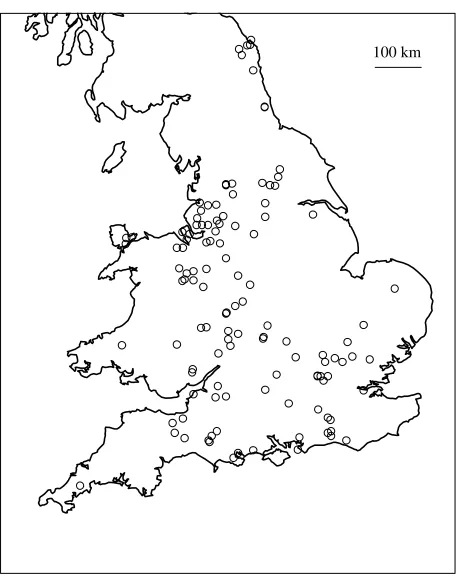 Fig. 2. The spatial distribution of 133 histologically con-ﬁrmed cases of equine grass sickness during 1999 and 2000in England and Wales.