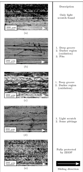 Figure 9. Wear worn surfaces of the pins: (a) SAE 40, (b) RBD palm kernel (PK), (c) PK + 1% ZDDP, (d) PK + 3% ZDDP, and (e) PK + 5% ZDDP.