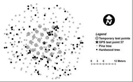 Figure 1: The arrangement of temporary test points, pine trees, and hardwood trees around GPS test point 37 ofthe Whitehall Forest GPS Test Site.