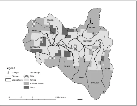 Figure 1: Gauge, stream, watershed, and forest land ownership databases used in the map coordinate system analyses.Text on map ﬁgure represents watershed name.