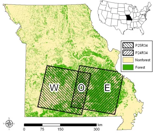 Figure 1: Study areas: Southern Missouri, USA. Datasources: f/nf – USDA Forest Service; base maps – ESRIData & Maps.