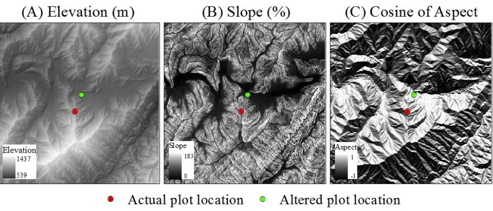 Figure 3: A simulated example of plot perturbation to illustrate diﬀerences in elevation, slope, and aspect typical ofthose observed in comparison of DEM-derived terrain variables from actual versus altered FIA plot locations.