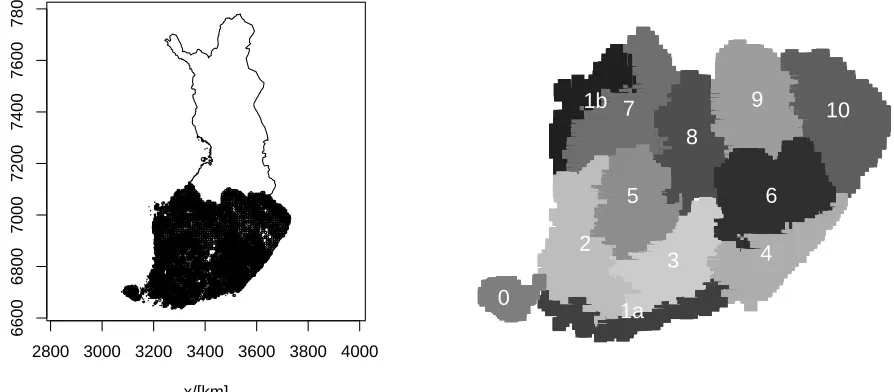 Table 1: Statistics for distances (km) to describe the sampling design in diﬀerent regions in study area.