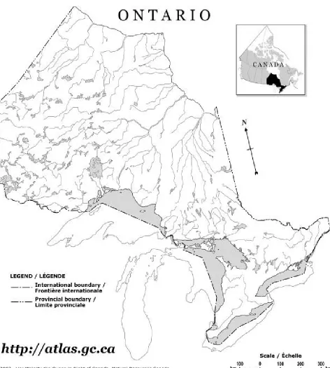 Figure 1: The province of Ontario in central Canada.Source: http://atlas.nrcan.gc.ca/site/english/maps/reference/outlineprovterr/ontoutline/referencemapimageviewAccessed June 15, 2010