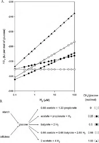 Figure 1.1. The thermodynamic relationship between H2 concentration and VFA production from cellulose and starch