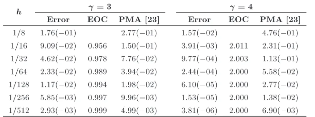 Table 1. The resulting values of errors, EOC, and PMA at t = 1 for b = c = 1 (Example 1).
