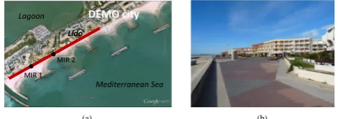 Fig. 2. Site (DEMO City) location with the sea wall position (redline) and observation points (MIR1 and 2) where the inversion cal-culation is performed (a) and photo of the sea wall from point MIR2 (b).