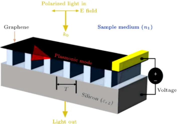 Figure 1. Schematics of a silicon diractive grating based on plasmonic waves in the graphene layer.