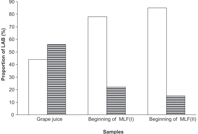 Figure 1 Proportion of Oenococcus oeni and other LAB species isolated from grape juice and samples from commencement of MLF, after AF conducted by indigenous yeasts (I) or yeast starter culture (II).Key: () Oenococcus oeni; (≡) other LAB than Oenococcus oeni.Abbreviations: AF, alcoholic fermentation; LAB, lactic acid bacteria; MLF, malolactic fermentation.