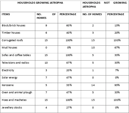 Table 3 Households physical assets owned by farmers – in Nchiiri and Kagaene villages, who grow Jatropha, compared to those not growing Jatropha