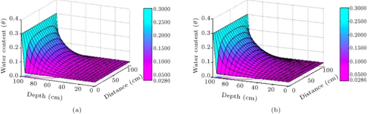 Figure 11. 3D plots of water content, water depth, water distance based on the analytical solution to Eq
