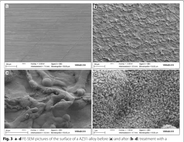 Fig. 3 a–d FE-SEM pictures of the surface of a AZ31-alloy before (a) and after (b–d) treatment with a 