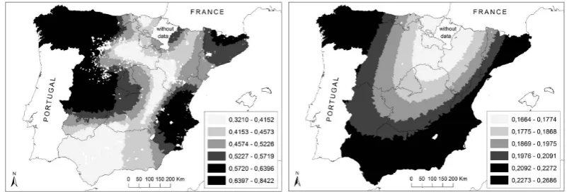 Fig. 4. Model ﬁtting maps: local squared R for GW lineal (left) and GW logistic (right).