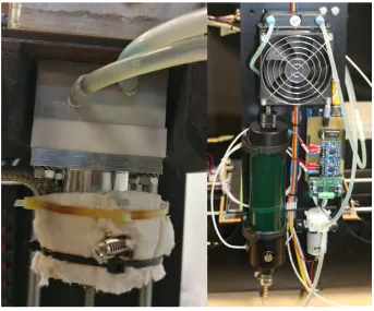 Figure 3-8: (Left) Coolant block around the neck of the extruder and the Teﬂon barrier, (Right)radiator, coolant reservior, pump and control temperature/feed controller to complet the loop