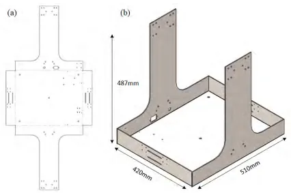 Figure 4-1: (a) Flat sheet metal view of the frame design, (b) Folded sheet metal view with scaledimensions