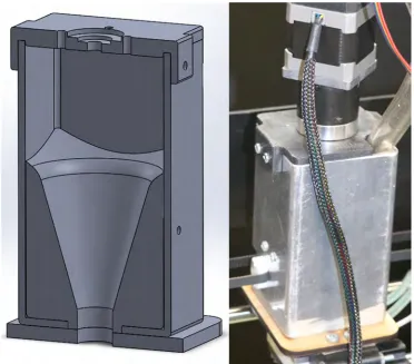 Figure 4-6: (Left) Sectioned view of new design in SolidWorks, (Right) Application of new hopperdesign