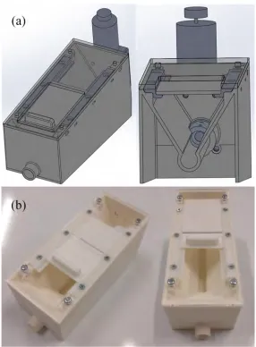 Figure 4-7: (a) SolidWorks assembly of initial feeder design, (b) SLS printed initial feeder design