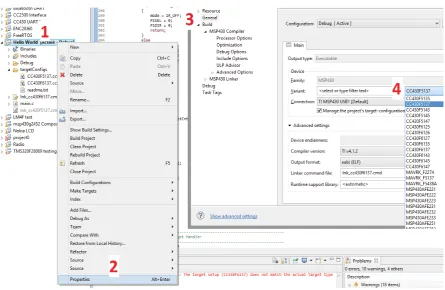 Figure 15 Code Composer Studio - Microprocessor variant incorrectly set for current microprocessor connected Error