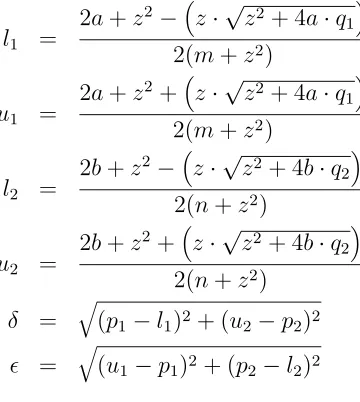 Table 2.2: An algorithm to produce a conﬁdence interval at the 1 − α level forthe true diﬀerence between two proportions [82, 90].