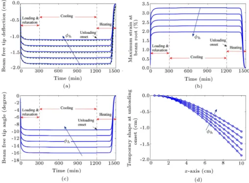 Figure 4. Eect of  h on (a) the free tip displacement results of the SMP beam model (present work) together with those of the 3D modeling (solid lines show the beam element results, while dashed-lines represent the 3D nite element