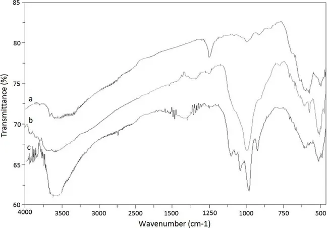 Fig. 1. FT-IR spectra of the bare Fe 3 O 4  (a), Fe 3 O 4 @SiO 2  (b) and Fe 3 O 4 @SiO 2 -SO 3 H nanoparticles