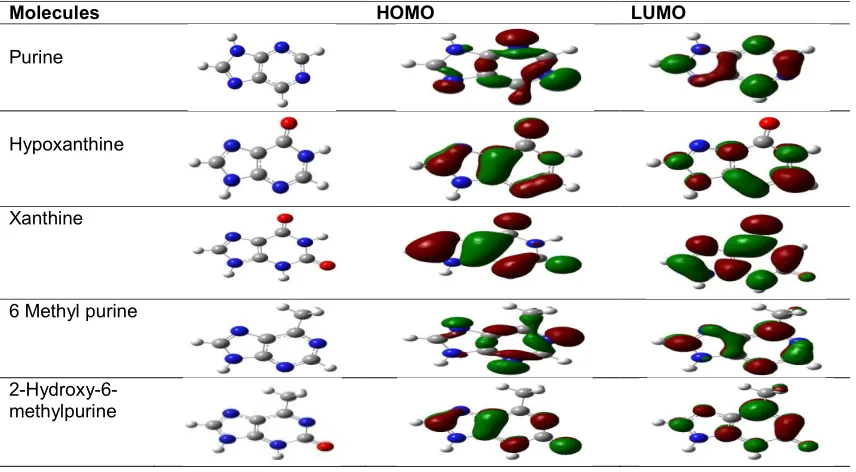 Table 3.1.1. The frontier orbitals for purine derivatives. Molecular orbital and electronic 