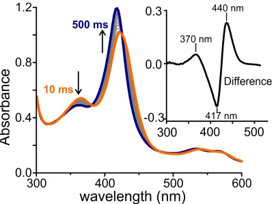 Figure 2.7  Photodiode array spectra of a single turnover reaction of 20 μM OleT-H39EA with 10 mM H2O2, 10 ms to 500 ms timeframe