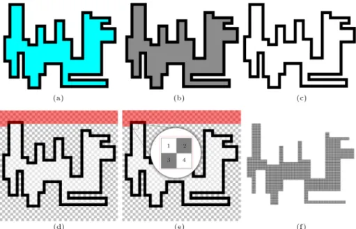 Figure 1. The main steps of 2D modelling process of a schematic structure made of one material: (a) Input image; (b) the input image in greyscale; (c) the greyscale image after contrast enhancement; (d) searching for nding white pixels inside the boundary