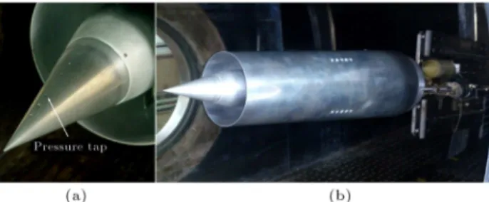 Figure 1. (a) Inlet model in wind tunnel. (b) Tip cone and pressure taps.