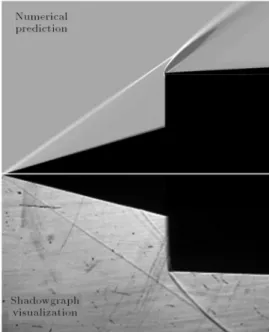 Figure 5 compares the axial density gradient contour together with shadowgraph shock structure visualization for a free-stream Mach number of 2.0 at zero-degree angle of attack for a supercritical condition to be dened in the next section