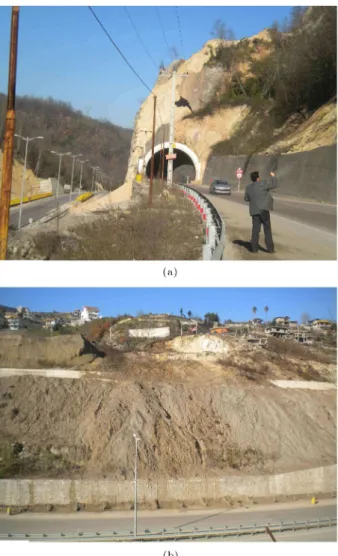 Figure 3. a) The landslide over one of the tunnels of the old Tehran-Chalus road due to excavation for new highway