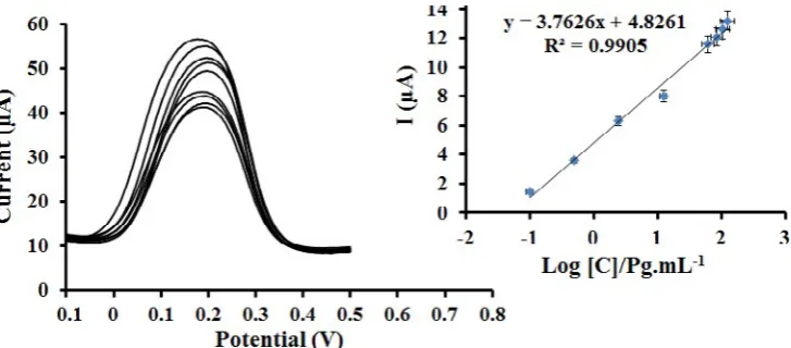Fig. 3. (A) DPV responses of the immunosensor with increasing concentrations of HCG (from up to down: 0, 0.1, 0.5, 2.5, 12.5, 62.5, 85,  Fig