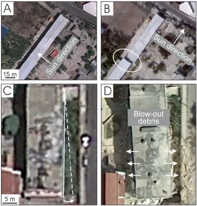 Fig. 5. Use of proxies in structural building damage assessment, such as shadow (A and B), and building offset and blow-out debris (C andD)