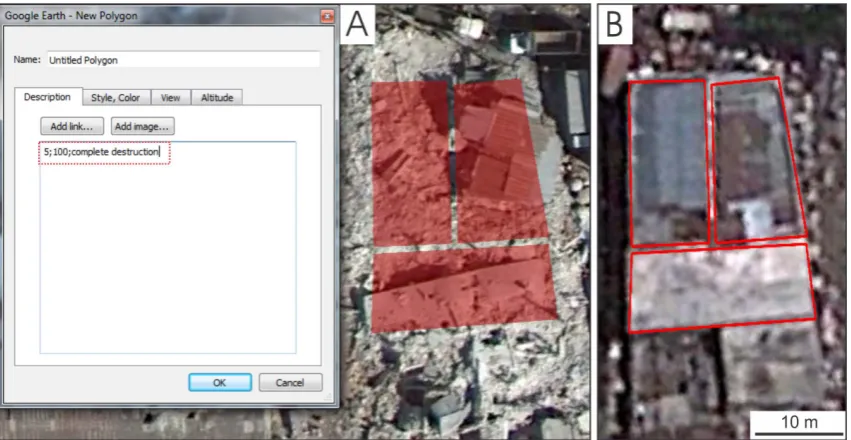 Fig. 6. Delineation of damaged buildings in Google Earth, and creation of kmz (Keyhole Markup Language) ﬁles that were later integratedby GEO-CAN